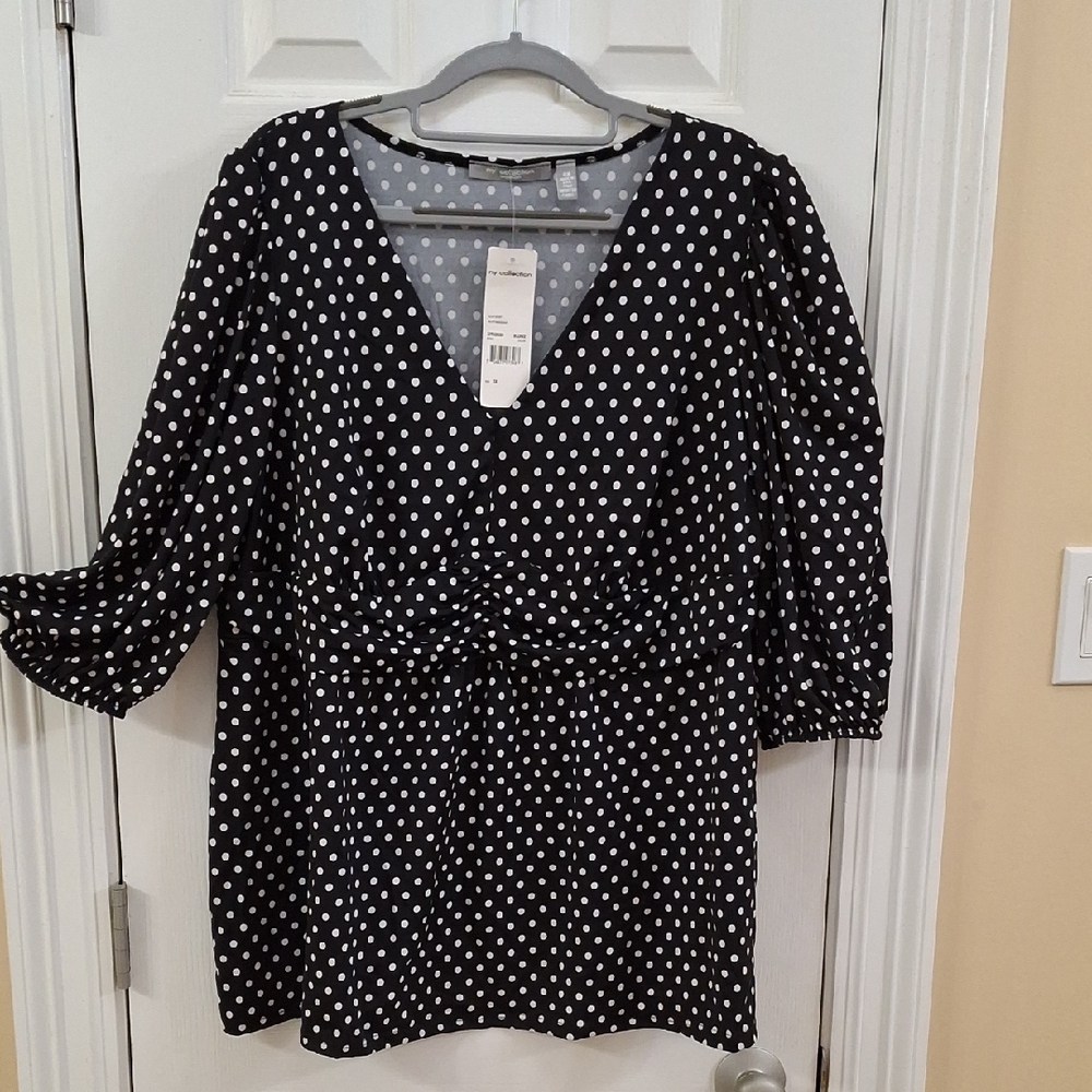 NY Collection Black and White Polka Dot Blouse 2X NWT